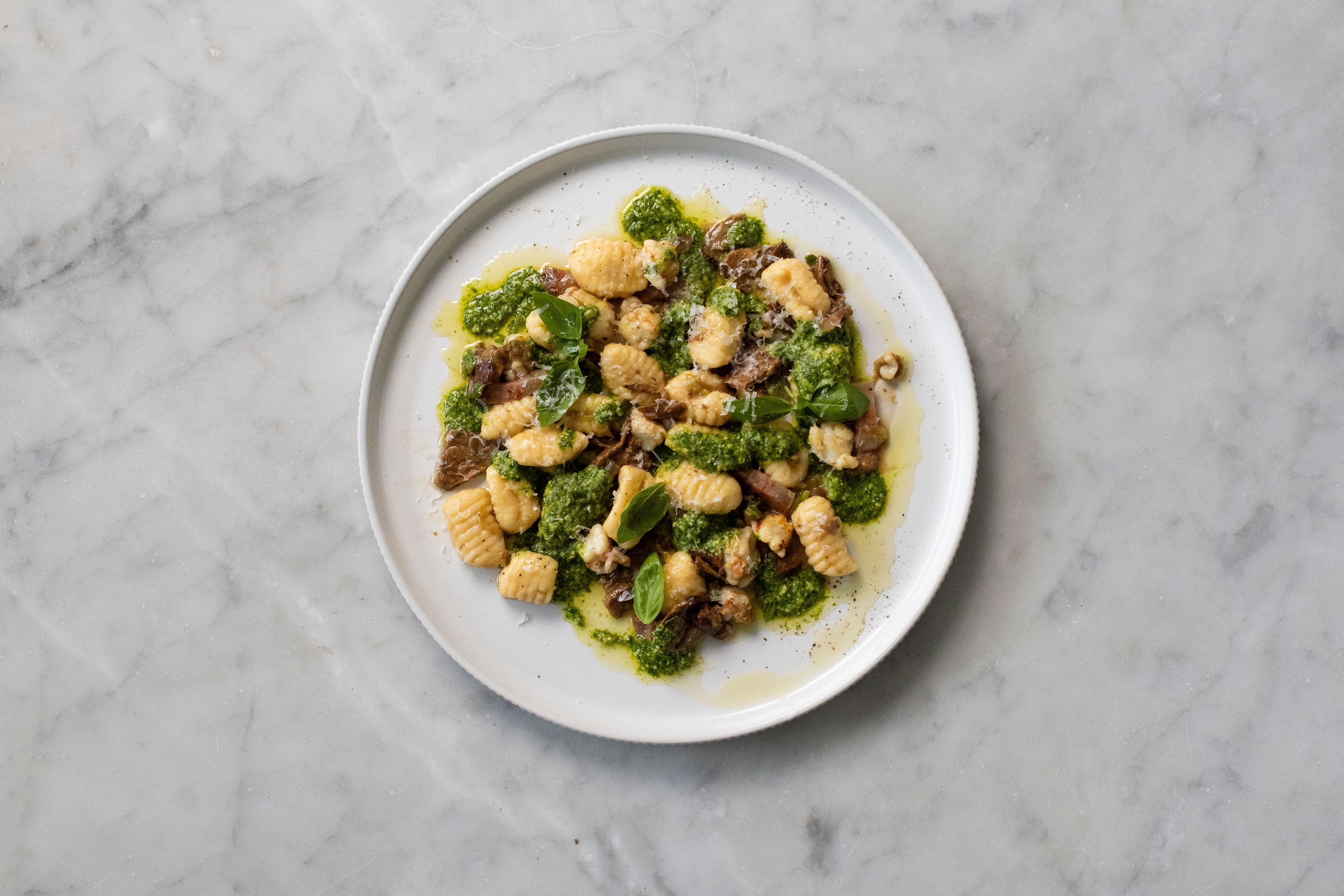 Ricotta Gnocchi with Prawn, Porcini and Pesto
