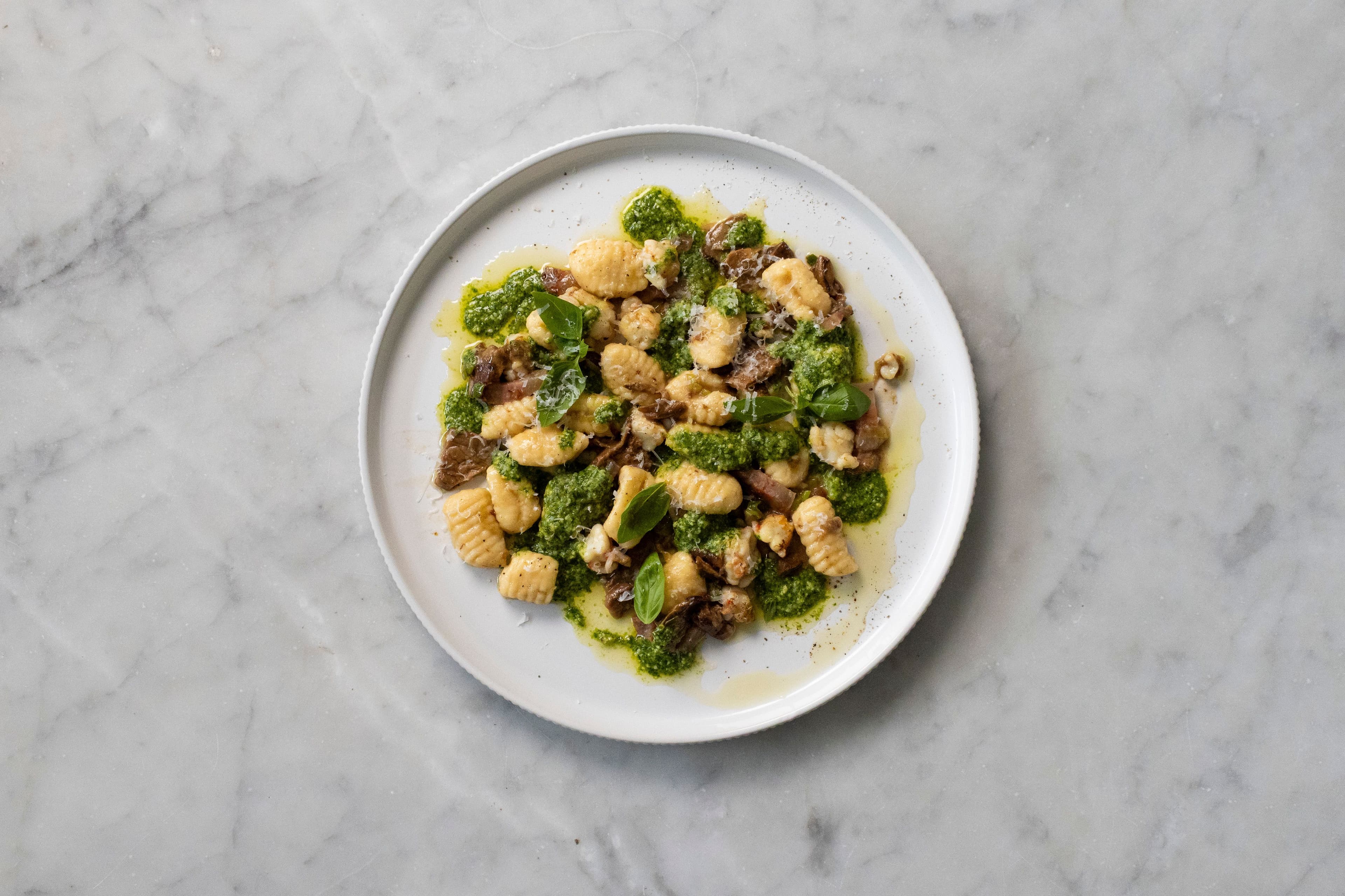 Ricotta Gnocchi with Prawn, Porcini and Pesto