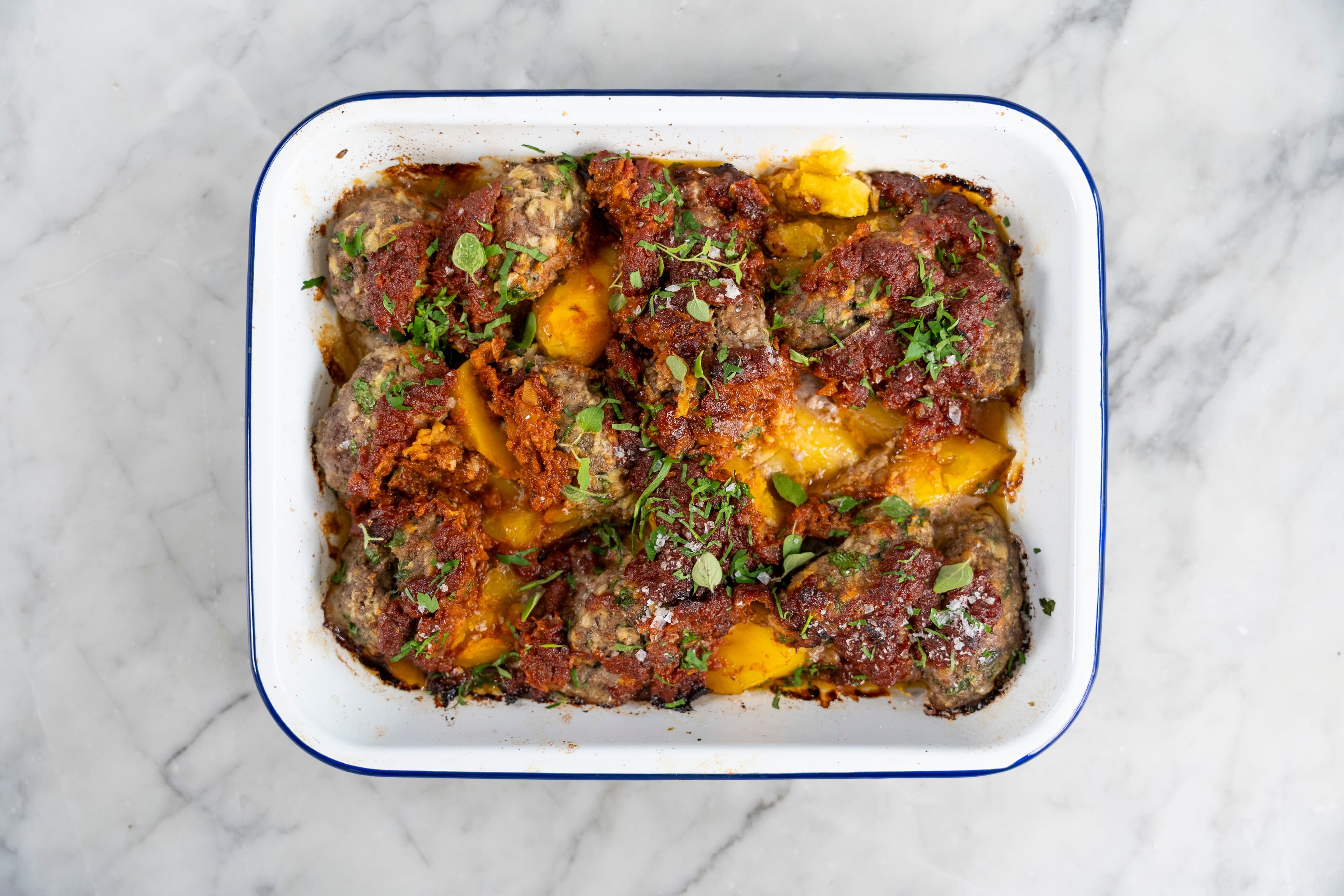 Baked Spiced Meatballs with Potatoes - Soutzoukakia Sto Fourno