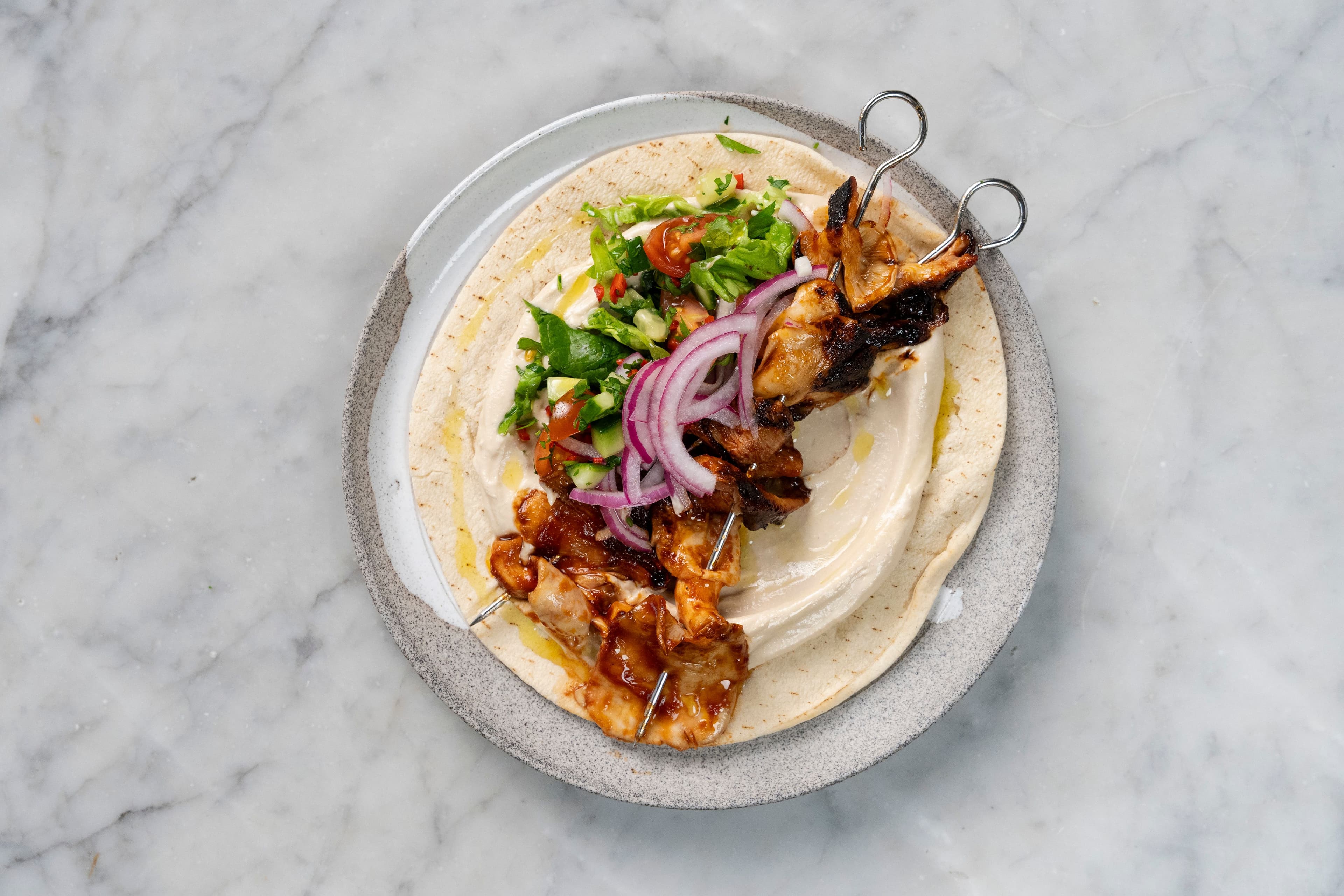 Mushroom Shawarma Skewers on Flatbreads