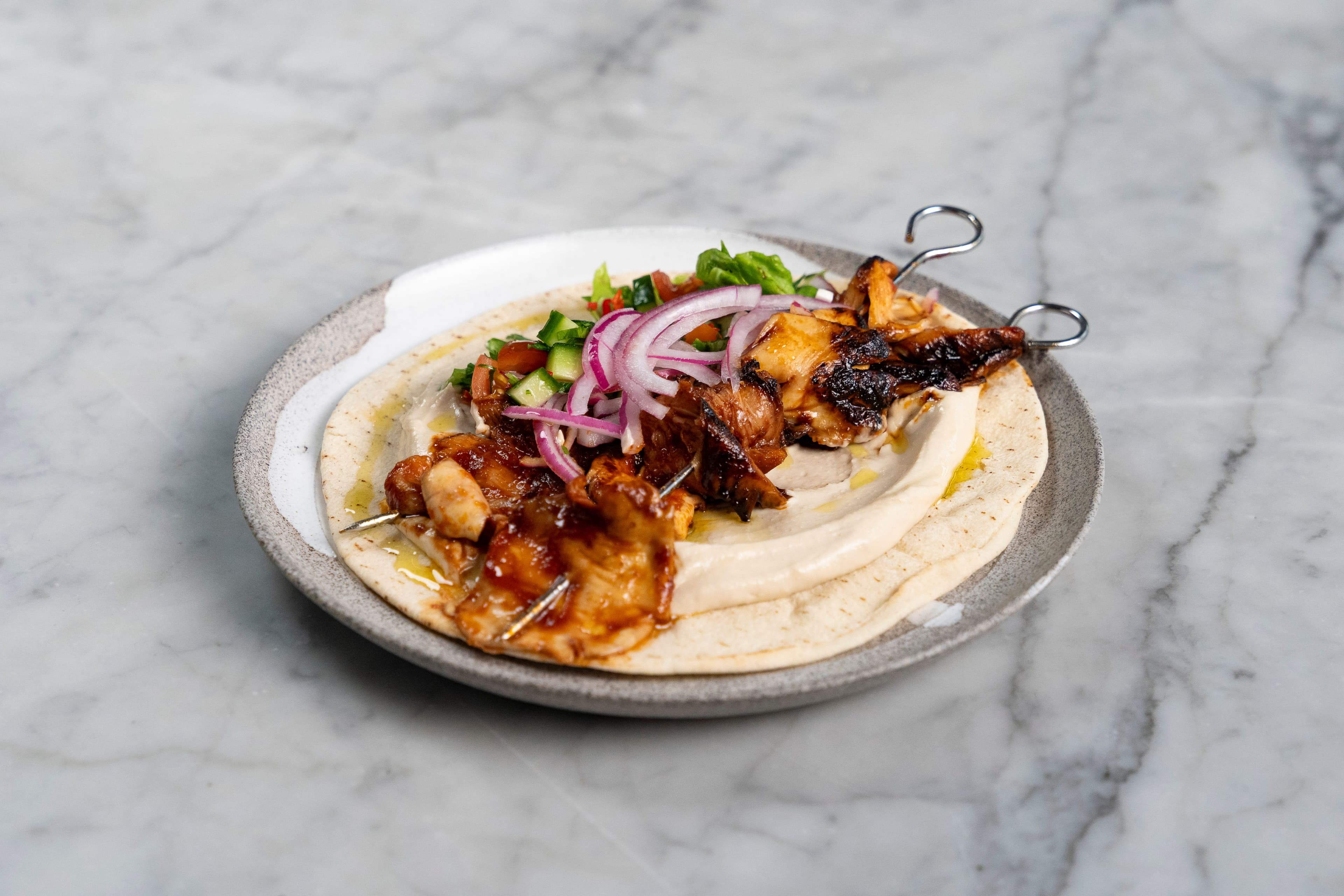 Mushroom Shawarma Skewers on Flatbreads recipe preview