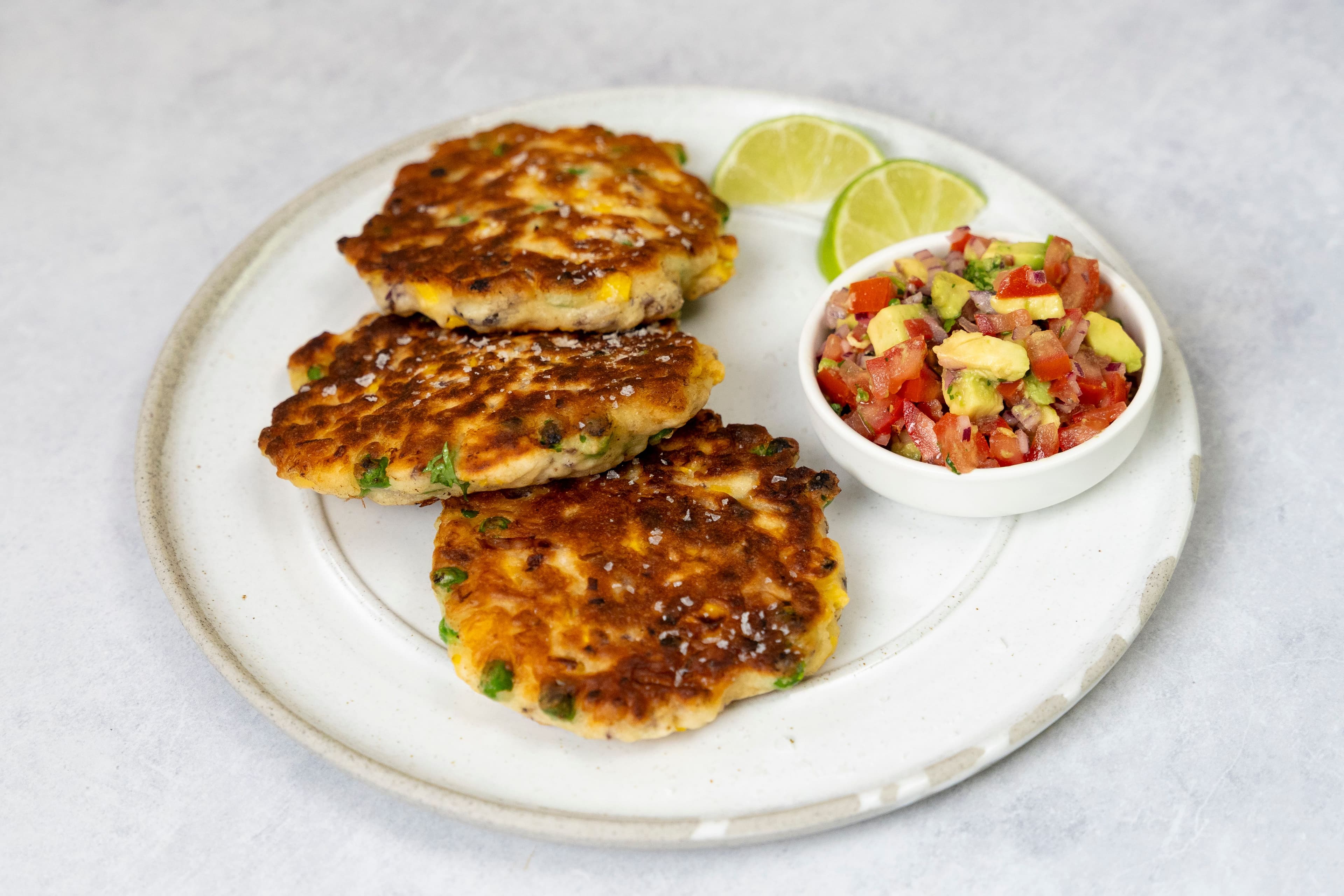 Corn and Pea Fritters with Avocado Salsa recipe preview