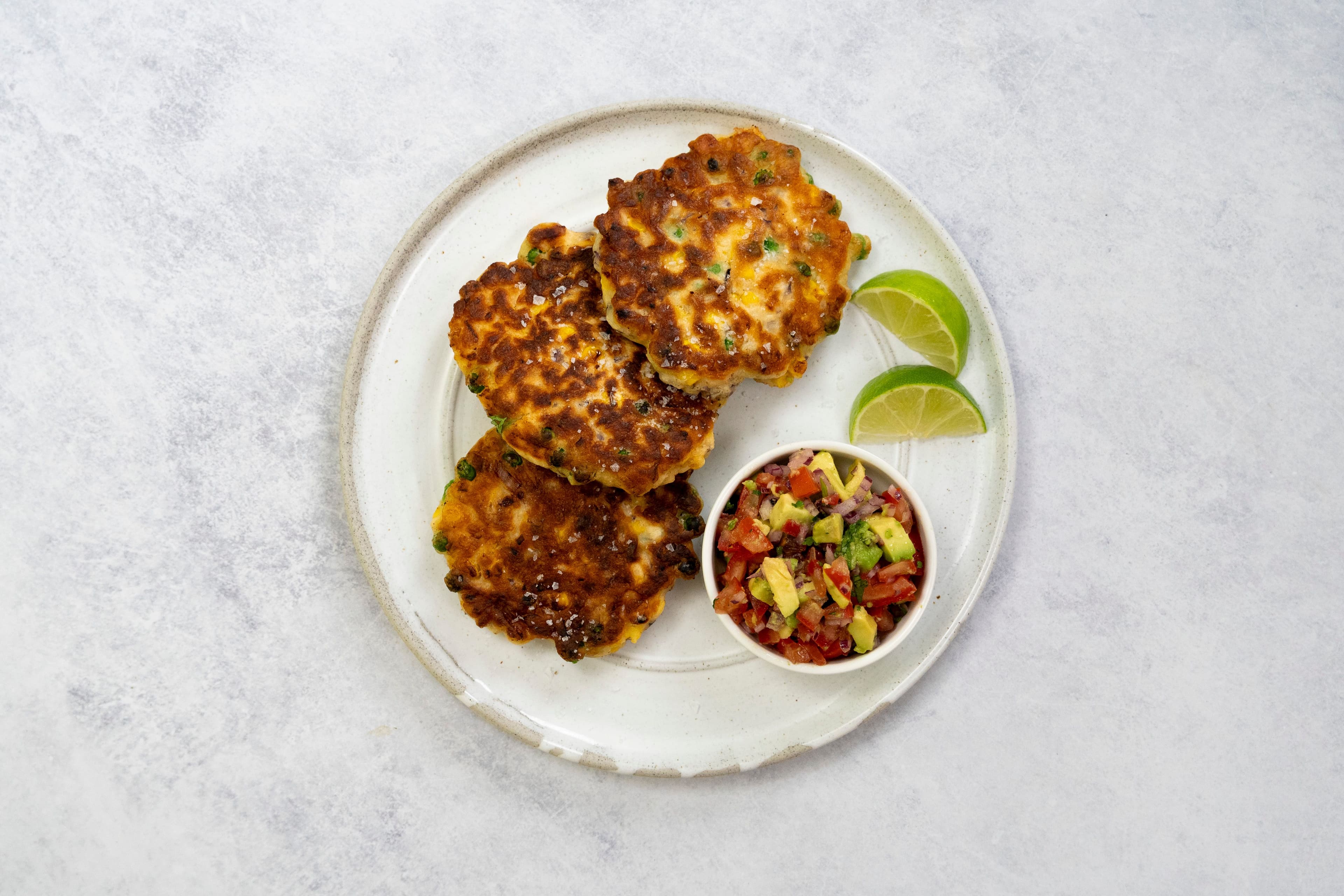 Corn and Pea Fritters with Avocado Salsa