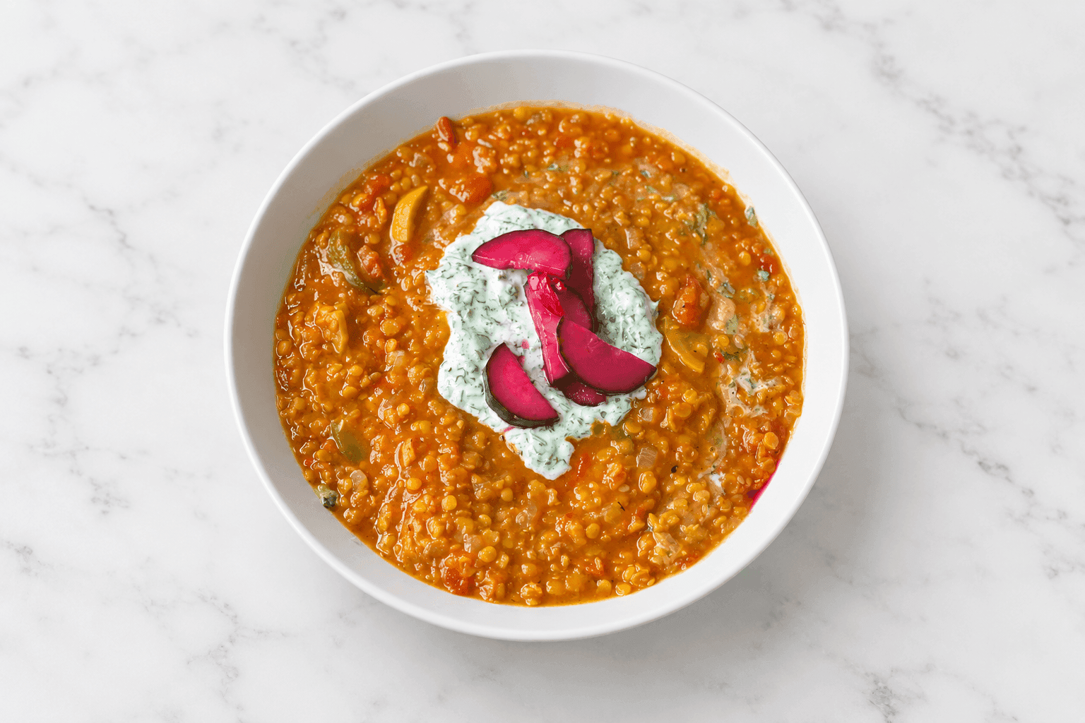 Summer Lentil Dahl with Pickle and Coriander Cream