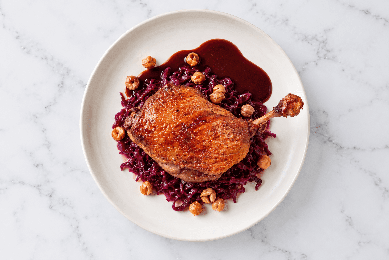 Confit Duck with Pickled Red Cabbage, Roasted Chickpeas and Jus