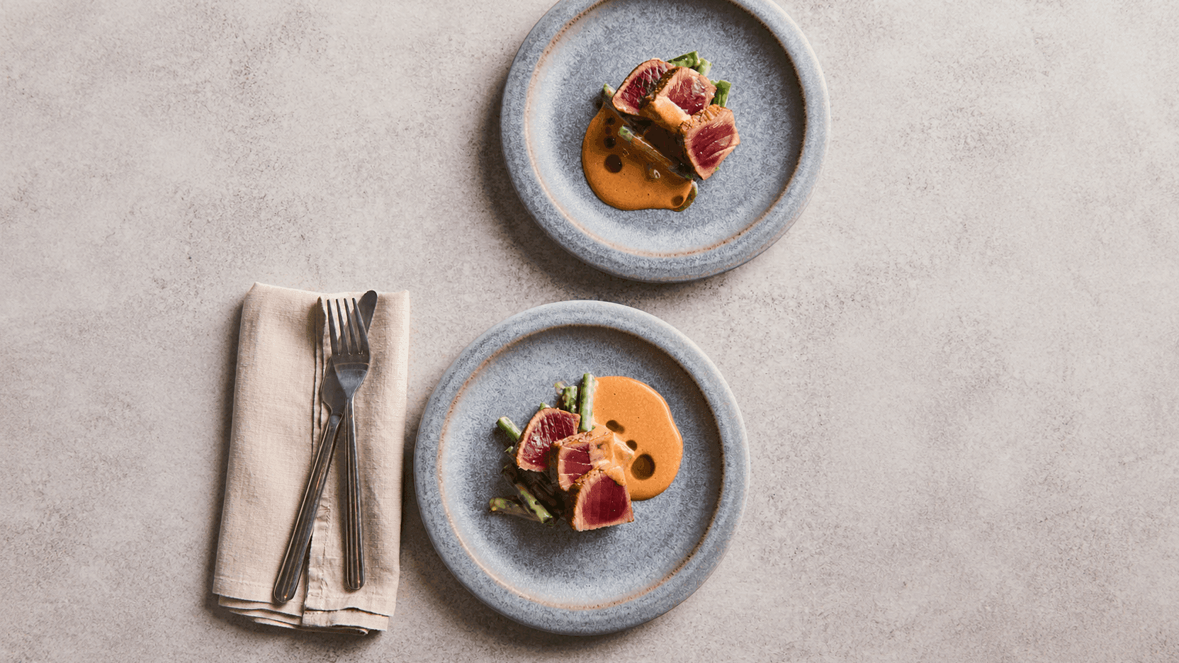 Pan-Seared Tuna with Anchovy Dressing, Tomato Hollandaise & Black Olive Oil recipe preview