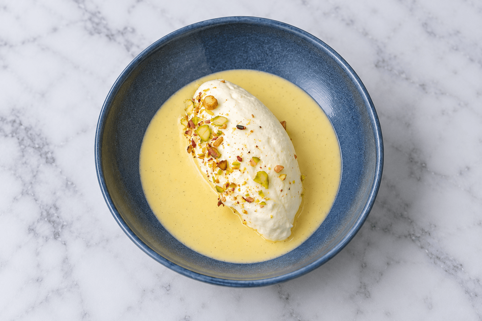 Pistachio and Orange Crème Anglaise with Steamed Îles Flottantes (Floating Islands)