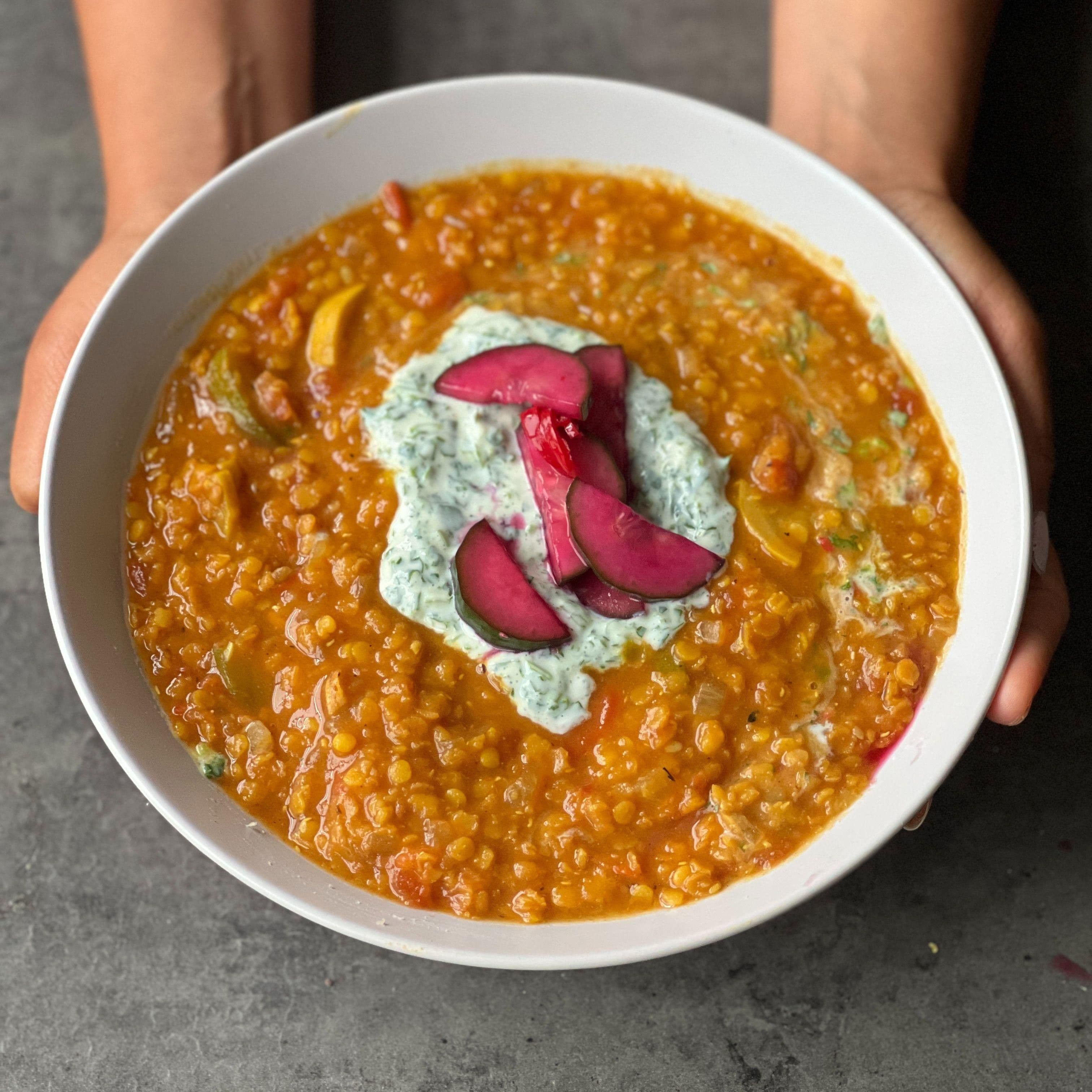 Summer Lentil Dahl with Pickle and Coriander Cream recipe preview