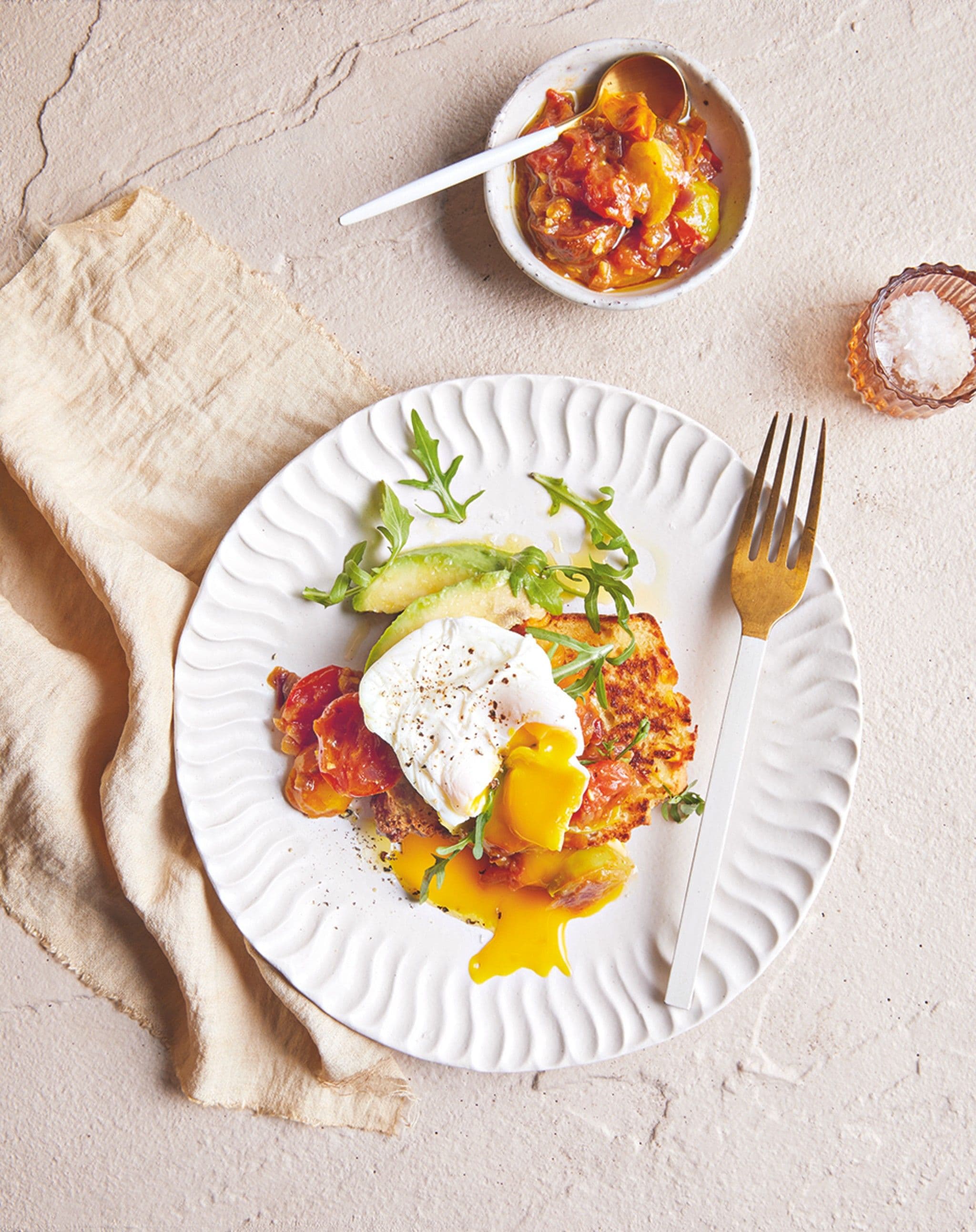 South African Sweetcorn Bread with Poached Eggs and Spicy Chakalaka (Tomato Relish) recipe preview