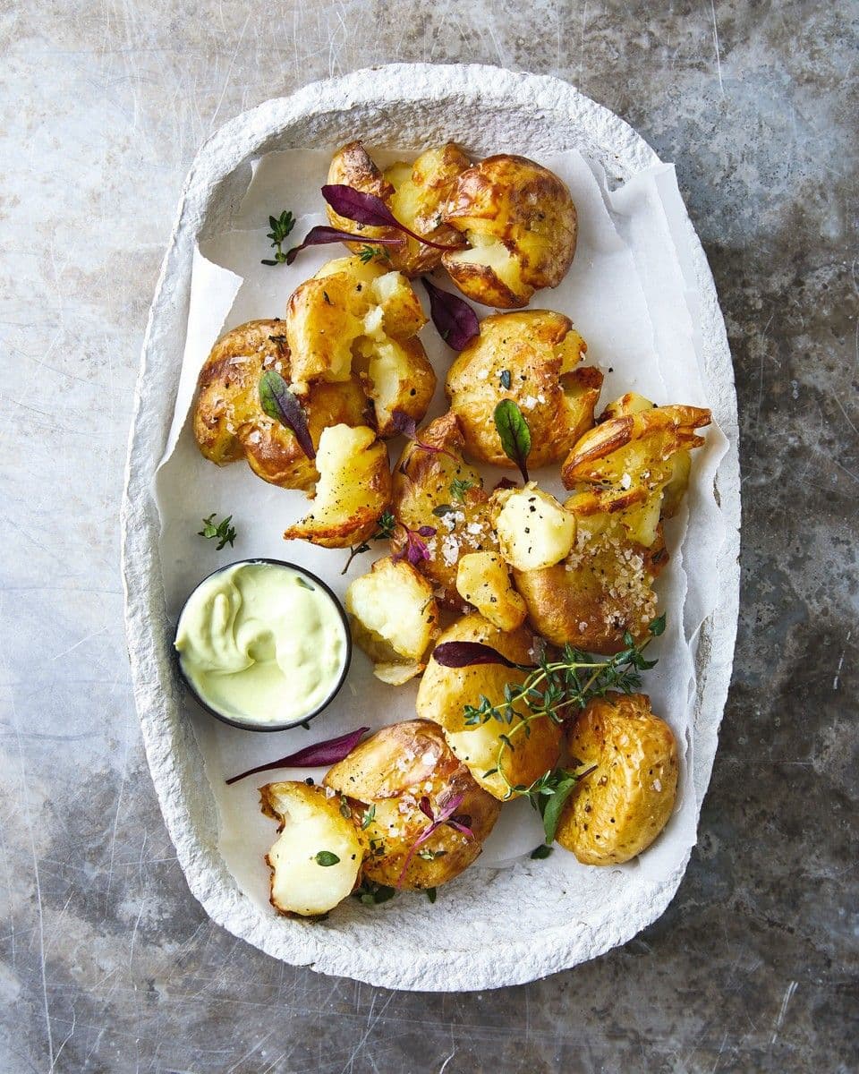 Smashed Garlic and Thyme Potatoes with Avocado Mayo recipe preview