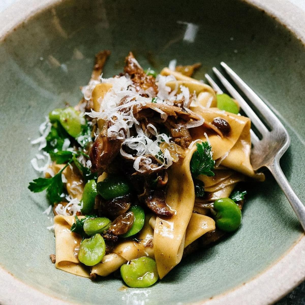 Braised Rabbit with Pappardelle, Broad Beans and Raisins recipe preview