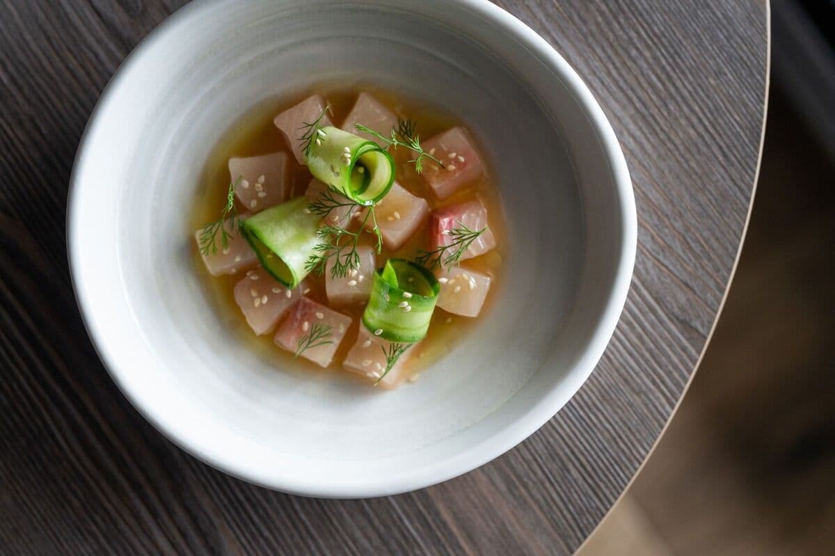 Marinated Hiramasa Kingfish, Dashi, Pickled Cucumber and Sesame recipe preview