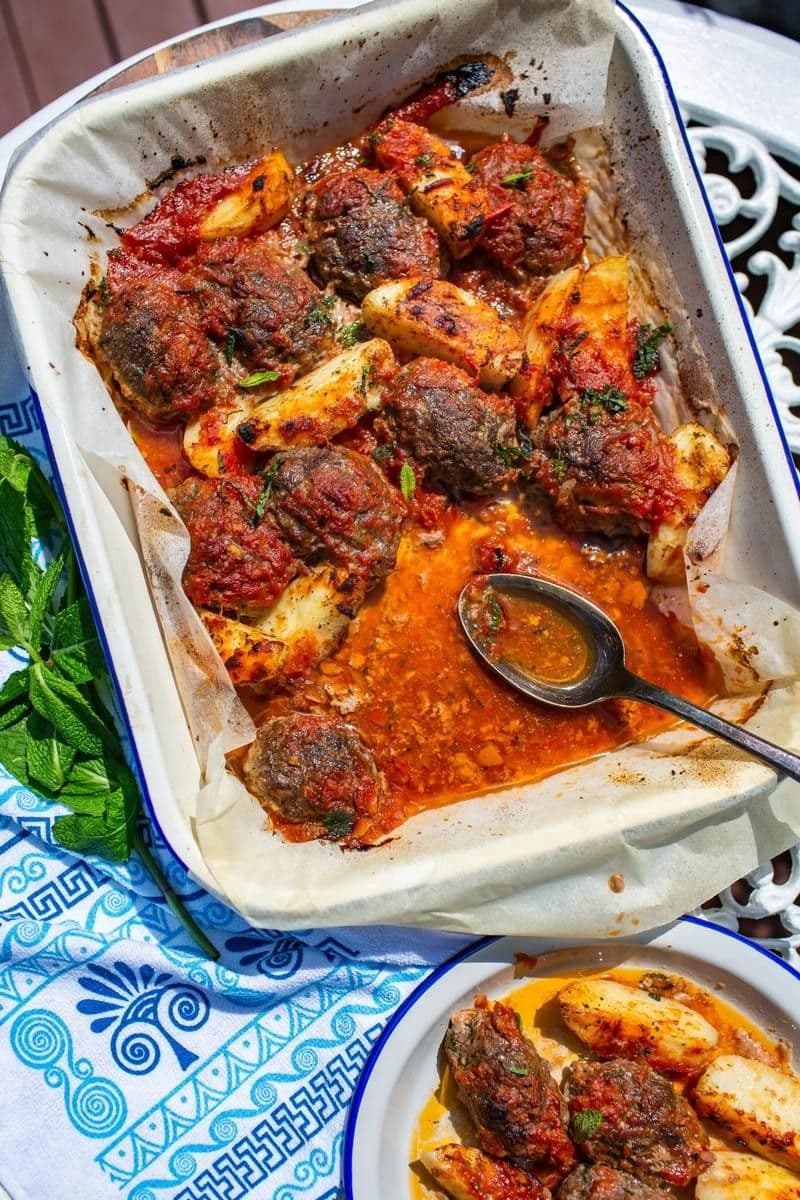 Baked Spiced Meatballs with Potatoes - Soutzoukakia Sto Fourno recipe preview