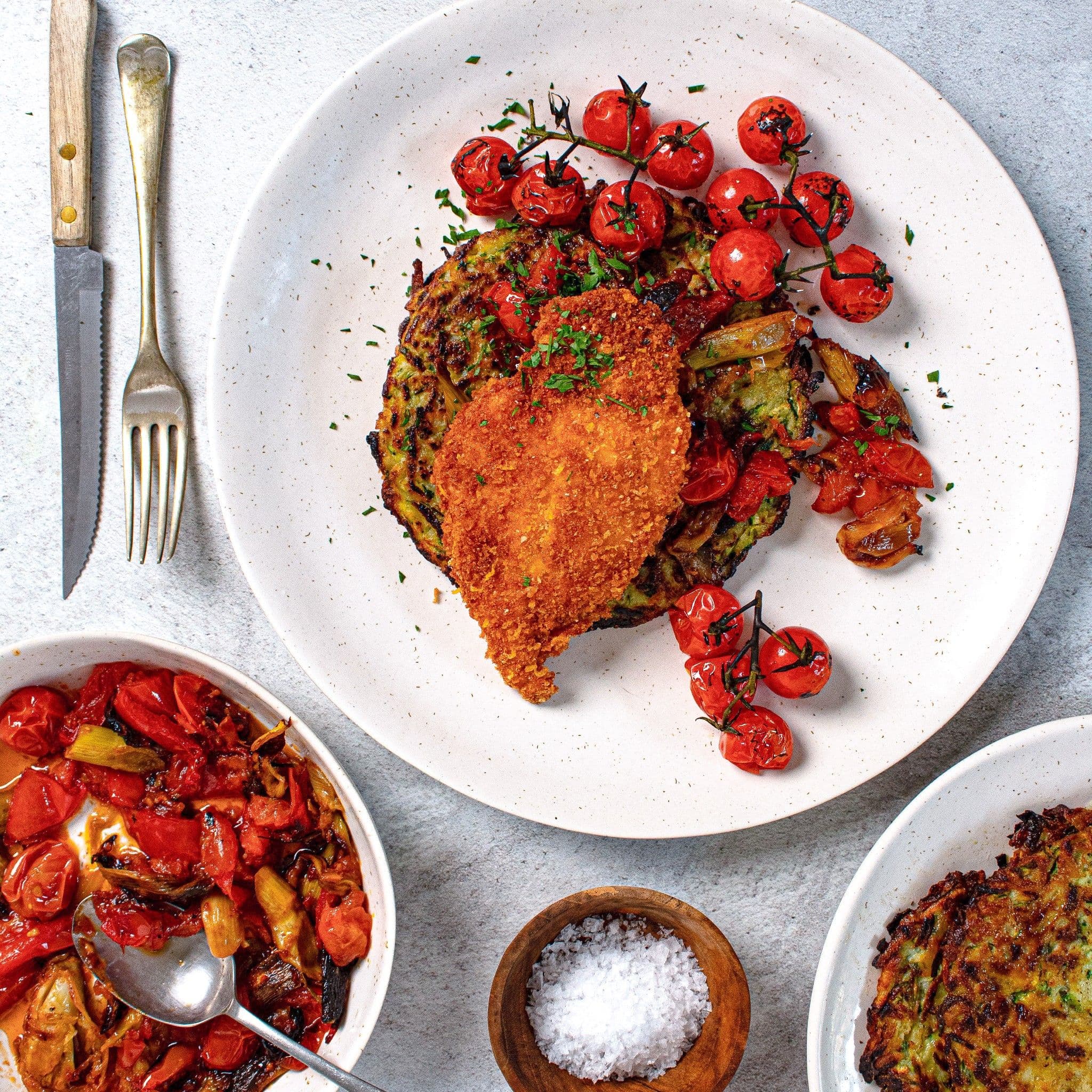 Parmesan Chicken with Zucchini Rosti and Roasted Fennel and Tomato recipe preview