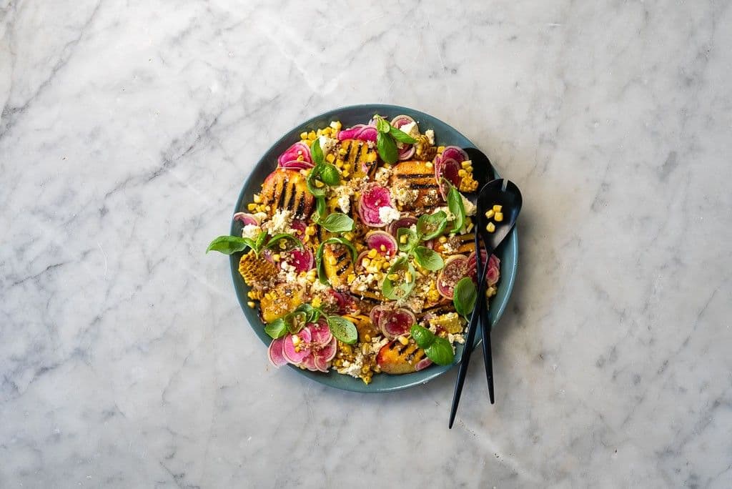 Charred Corn, Peach & Feta Salad with Grilled Lime Dressing recipe preview