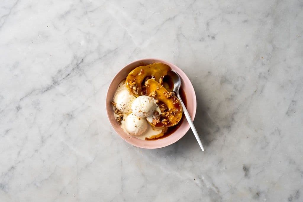 Roasted Pear with Salted Caramel Sauce, Walnuts and Vanilla Ice-Cream recipe preview