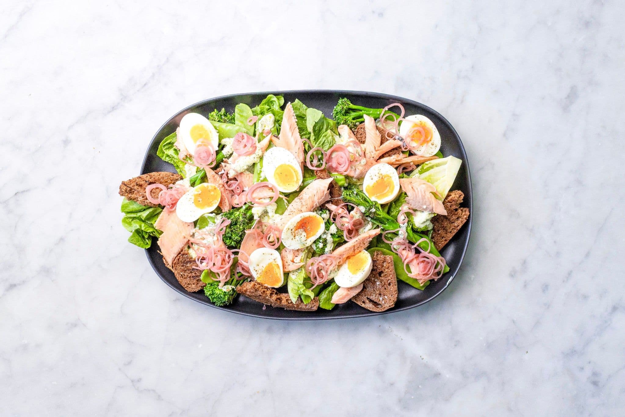 Smoked Trout Caesar Salad with Charred Greens recipe preview